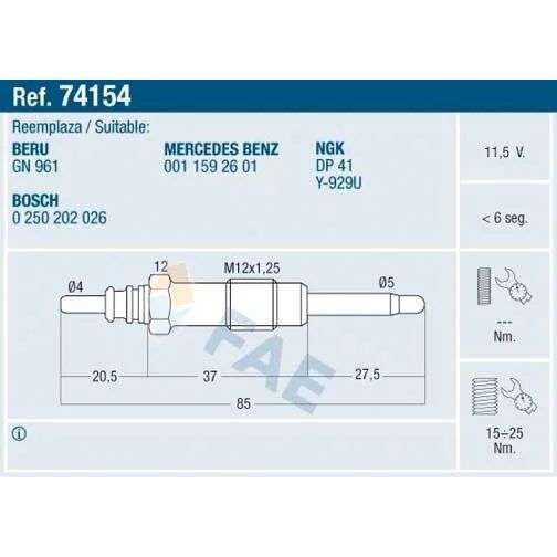Fae Kızdırma Bujisi M602 M 312 11.5 Volt (A0011592601)