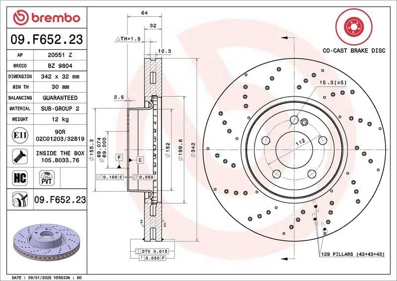 BREMBO FREN DİSKİ ÖN SOL/SAĞ W206/W236/W223 (09.F652.23)
