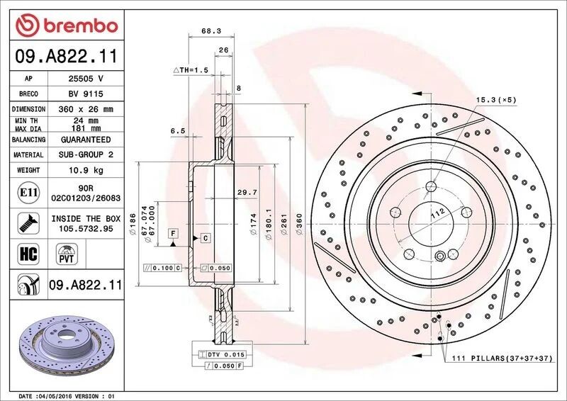 BREMBO ARKA FREN DİSKİ. W204-218-212. DELİKLİ. 2011-16 (09.A822.11)